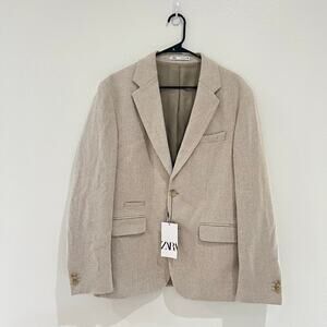 NWT Zara Mens Chevron Herringbone Tan Linen Blend Suit Jacket Blazer Size 42
